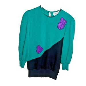 Vintage 80s 90's Anthony Sicari‎ Teal Black Purple Sweater Size 8 Funky Bright